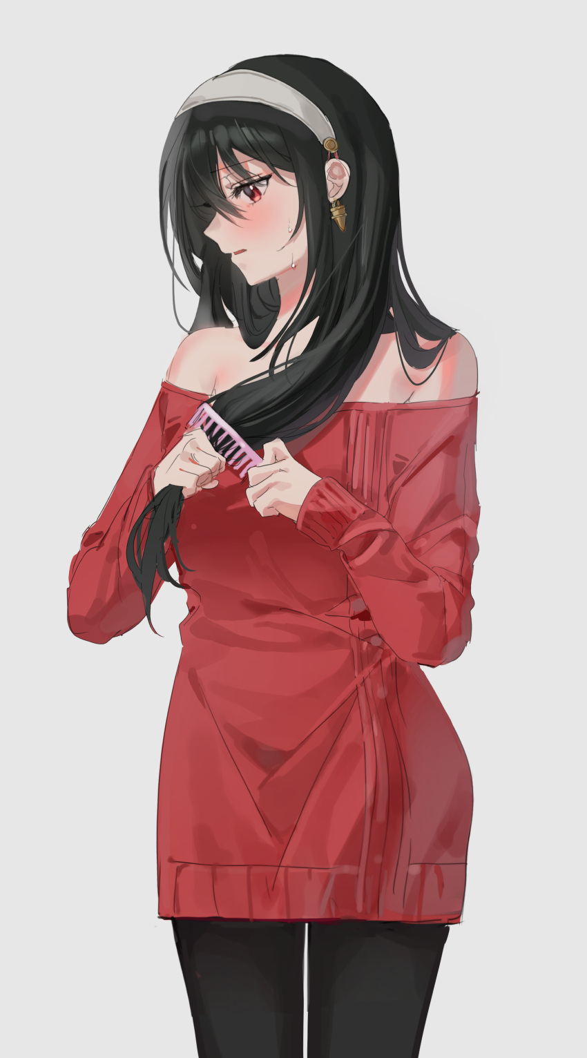 1girl absurdres bare_shoulders black_hair black_pantyhose brushing_hair comb commentary cowboy_shot dress educk grey_background hairband highres holding holding_comb long_hair long_sleeves off-shoulder_dress off-shoulder_sweater off_shoulder pantyhose parted_lips red_dress red_eyes red_sweater short_dress simple_background solo spy_x_family standing sweater sweater_dress white_hairband yor_briar