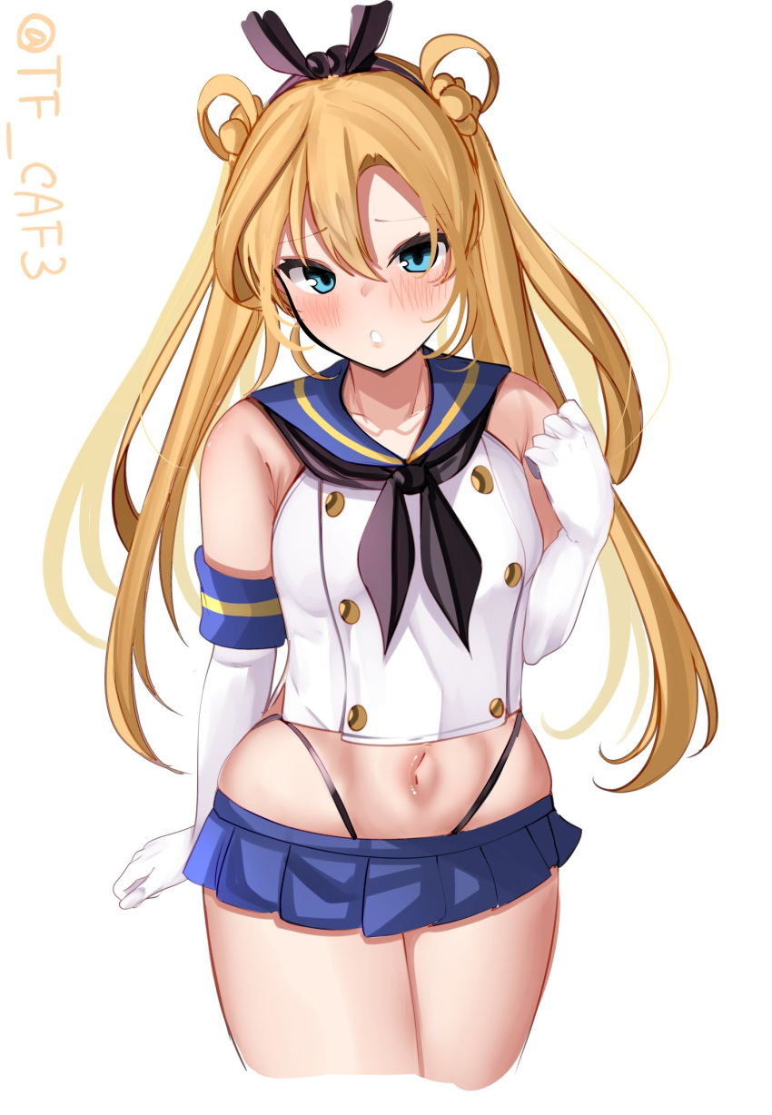 1girl abukuma_(kancolle) black_hairband black_neckerchief black_panties blonde_hair blue_eyes blue_sailor_collar blue_skirt blush cosplay crop_top double_bun elbow_gloves gloves hair_between_eyes hair_bun hair_rings hairband highleg highleg_panties highres kantai_collection long_hair looking_at_viewer microskirt navel neckerchief panties sailor_collar shimakaze_(kancolle) shimakaze_(kancolle)_(cosplay) simple_background skirt solo striped tf_cafe twintails twitter_username underwear white_background white_gloves