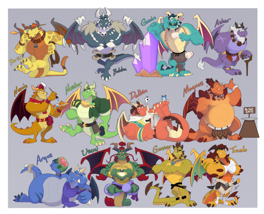 &lt;3 absurd_res activision anthro argus_(spyro) asher_(spyro) belt black_eyes blue_body boris_(spyro) bottomwear bubba_(spyro) cane chubby_male claws clothing collar crossed_arms delbin_(spyro) dragon expressive eye_patch eyewear facial_hair food fruit gavin_(spyro) glasses green_body group gunnar_(spyro) hi_res hikazedragon horn loincloth looking_at_viewer magnus_(spyro) male melon multiple_poses muscular muscular_anthro muscular_male mustache nestor_(spyro) nevin_(spyro) orange_body painting_brush pecs plant pose purple_body rescued_dragons_(spyro) scalie scarf spyro_reignited_trilogy spyro_the_dragon teeth tools trondo_(spyro) tusks useni_(spyro) watermelon wings yellow_body