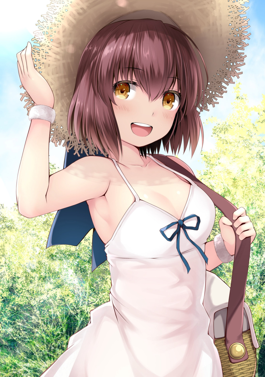 1girl arm_up bag blue_ribbon blush breasts brown_eyes brown_hair cleavage day dress hand_on_headwear hat highres kantai_collection kuromayu looking_at_viewer medium_breasts open_mouth outdoors ribbon short_hair shoulder_bag sky sleeveless sleeveless_dress solo straw_hat sundress white_dress yukikaze_(kancolle)