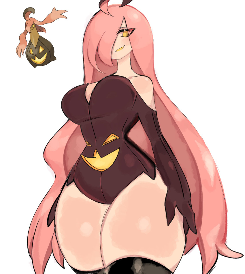 1girl bare_shoulders black_thighhighs cowboy_shot gourgeist hair_over_one_eye highres leotard long_hair monster_girl personification pink_hair pokemon pokemon_(creature) simple_background solo standing thick_thighs thighhighs thighs usa37107692 white_background yellow_eyes