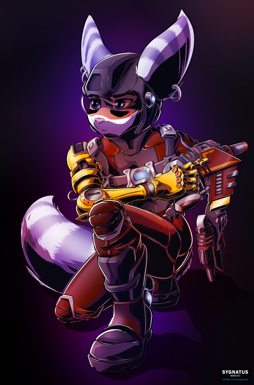 absurd_res anthro armor bangs big_ears blue_eyes boots clothed clothing ear_piercing ear_ring eyewear female fluffy fluffy_tail footwear fur glitch_(ratchet_and_clank) gloves goggles hammer handwear headgear helmet hi_res lombax mammal mechanical_arm piercing pistols ratchet_and_clank ring_piercing rivet_(ratchet_and_clank) sledgehammer solo sony_corporation sony_interactive_entertainment stripes sygnatus tail tail_tuft tools tuft