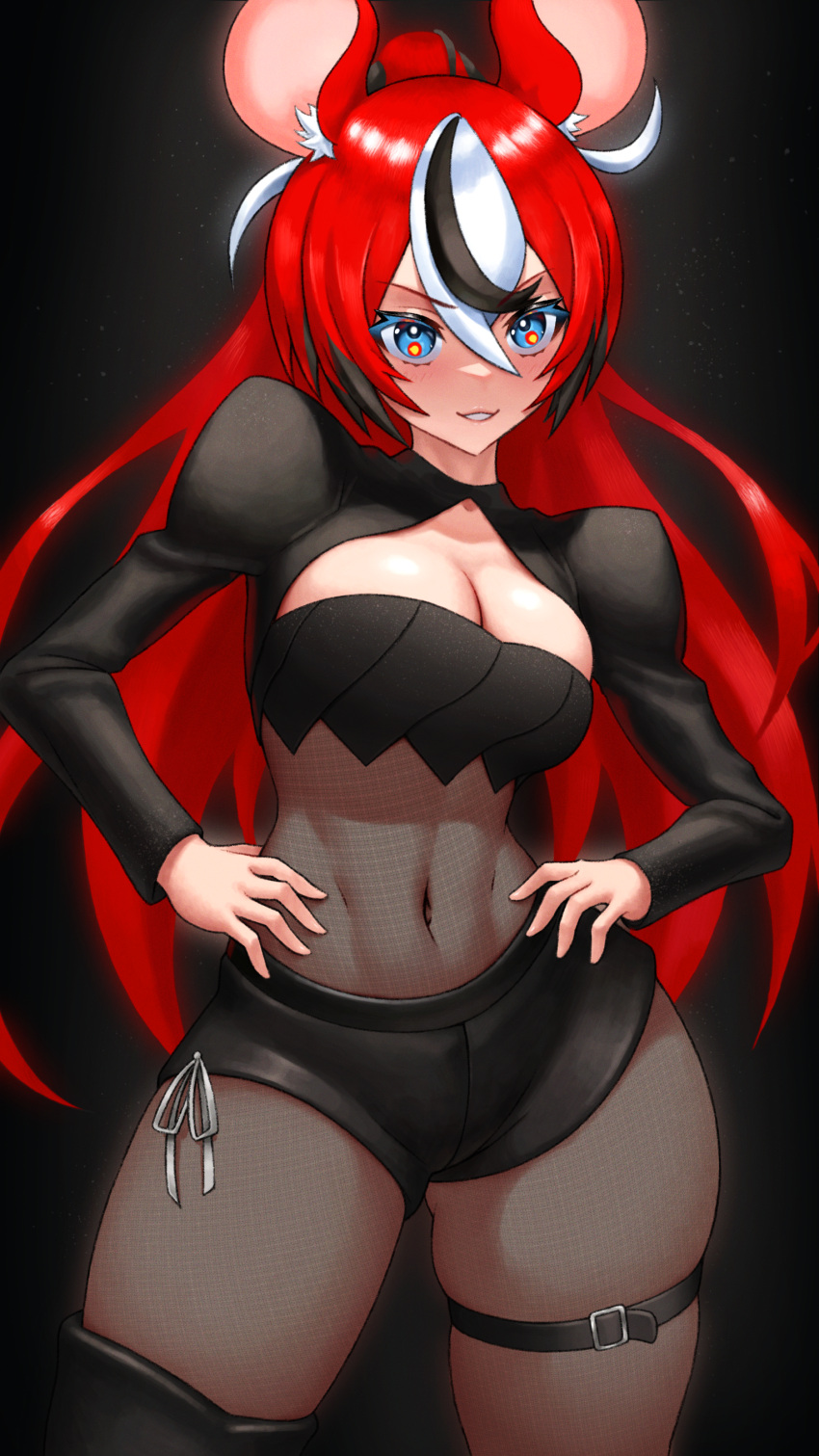 1girl absurdres animal_ear_fluff animal_ears black_background black_hair black_shirt black_shorts black_thighhighs black_tube_top blackberry_baelz blue_eyes bodystocking breasts covered_navel hair_between_eyes hakos_baelz hands_on_own_hips highres hololive hololive_english juliet_sleeves long_sleeves medium_breasts mouse_ears mouse_girl multicolored_hair open_clothes open_shirt parted_lips puffy_sleeves shirt short_shorts shorts single_thighhigh skindentation skylock solo strapless streaked_hair thigh_strap thighhighs tube_top v-shaped_eyebrows virtual_youtuber