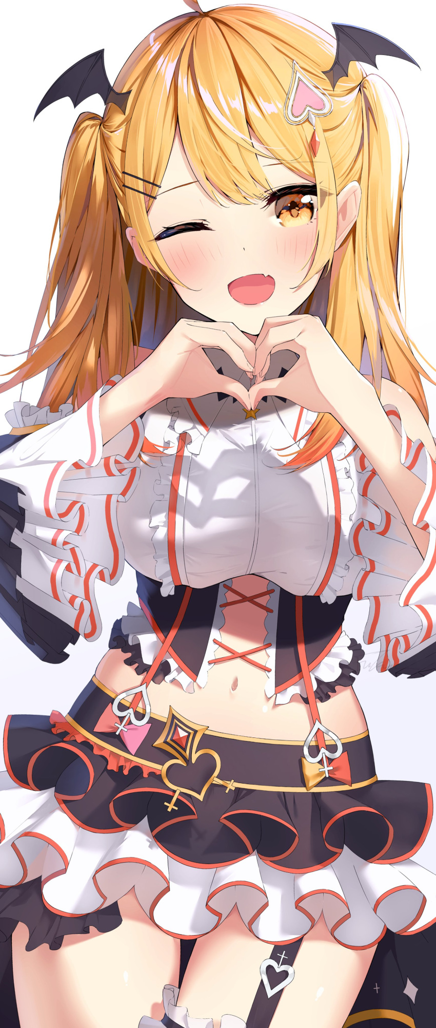 1girl absurdres ahoge blonde_hair blush bow breasts commentary cowboy_shot empire_waist fang frilled_skirt frilled_sleeves frills fukuiii0110 garter_straps hair_ornament hairpin head_wings heart heart_hair_ornament heart_hands highres hololive large_breasts long_hair long_sleeves looking_at_viewer midriff miniskirt multicolored_hair multiple_hairpins navel one_eye_closed open_mouth own_hands_together puffy_sleeves shirt sidelocks simple_background single_garter_strap skin_fang skirt solo swept_bangs tongue twintails two-tone_hair virtual_youtuber white_background white_shirt wings yellow_eyes yozora_mel