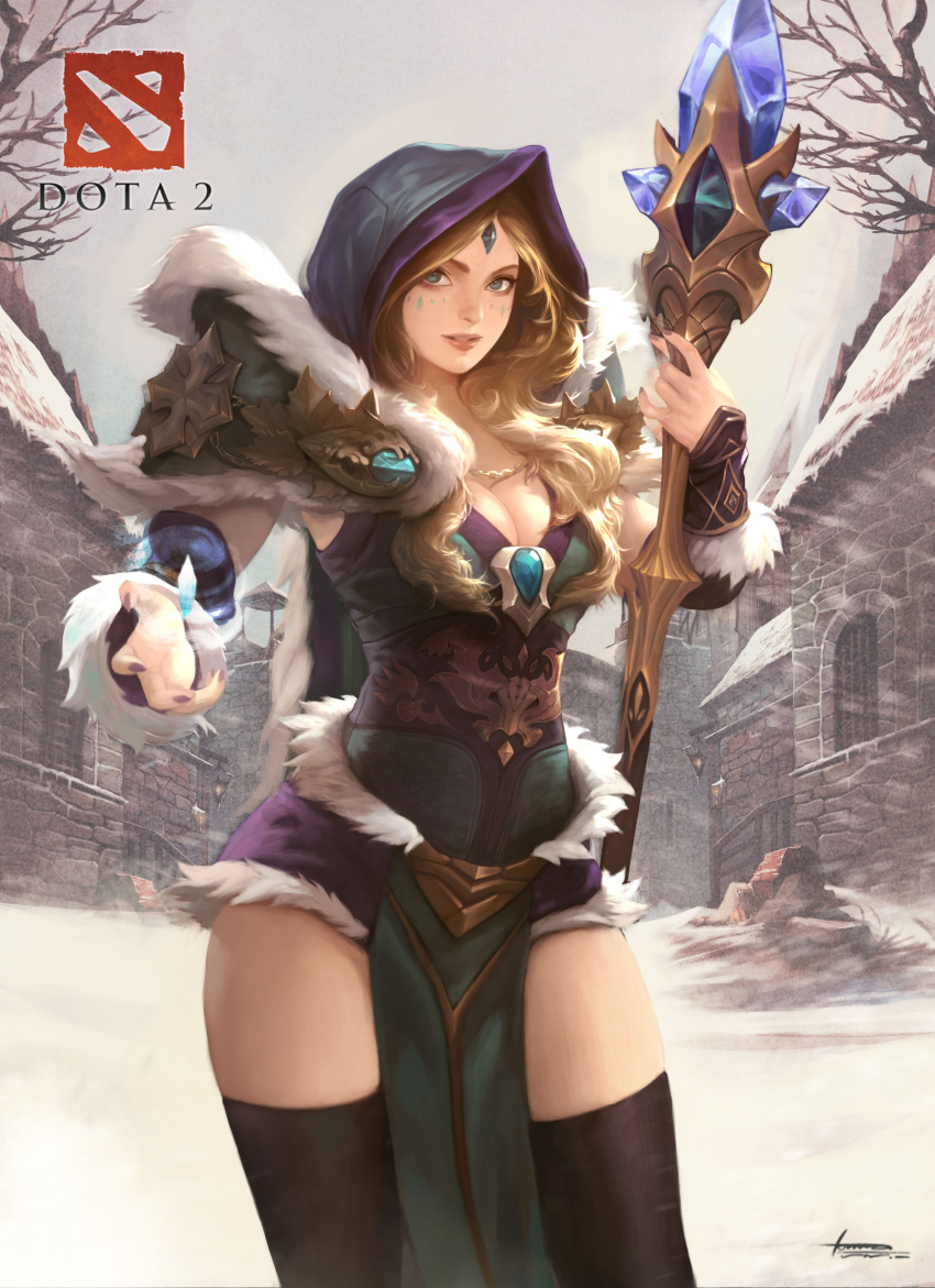 1girl absurdres arm_guards armor black_thighhighs blonde_hair blue_cape blue_dress blue_eyes blue_hood breasts cape cleavage copyright_name cowboy_shot crystal_maiden dota_(series) dota_2 dress english_commentary forehead_jewel fur_coat fur_dress highres holding holding_staff lips logo long_hair lonwa_a looking_at_viewer nail_polish outdoors pauldrons pelvic_curtain purple_nails shoulder_armor signature sky snow snowing solo staff stone_wall thighhighs wall white_sky