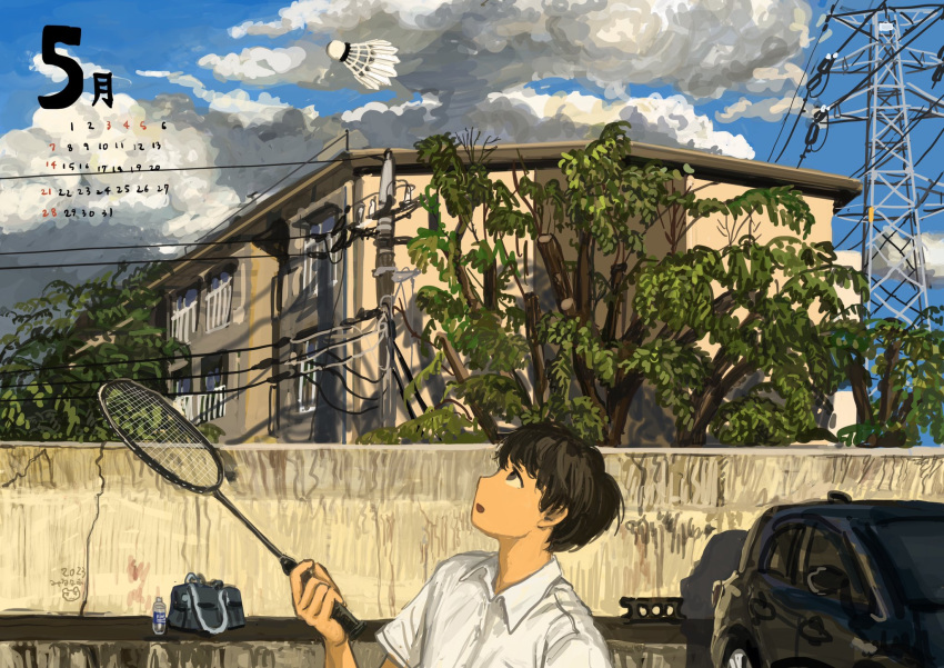 1boy badminton badminton_racket bag black_hair blue_sky bottle brown_eyes building calendar_(medium) car cinder_block cloud collared_shirt commentary_request day from_side highres looking_up male_focus minahamu motor_vehicle open_mouth original outdoors polo_shirt power_lines practicing profile racket scenery school_bag shirt short_hair shuttlecock sideways_mouth sky solo town transmission_tower tree upper_body wall water_bottle white_shirt