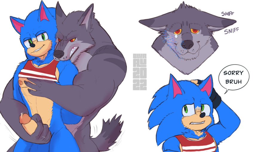 anthro balls blurau bodily_fluids bottomless canid canine canis clothed clothing dialogue duo genital_fluids genitals handjob hi_res male male/male mammal muscular muscular_male nipples penile penis precum reach_around sega sex sonic_the_hedgehog sonic_the_hedgehog_(series) speech_bubble tears wolf