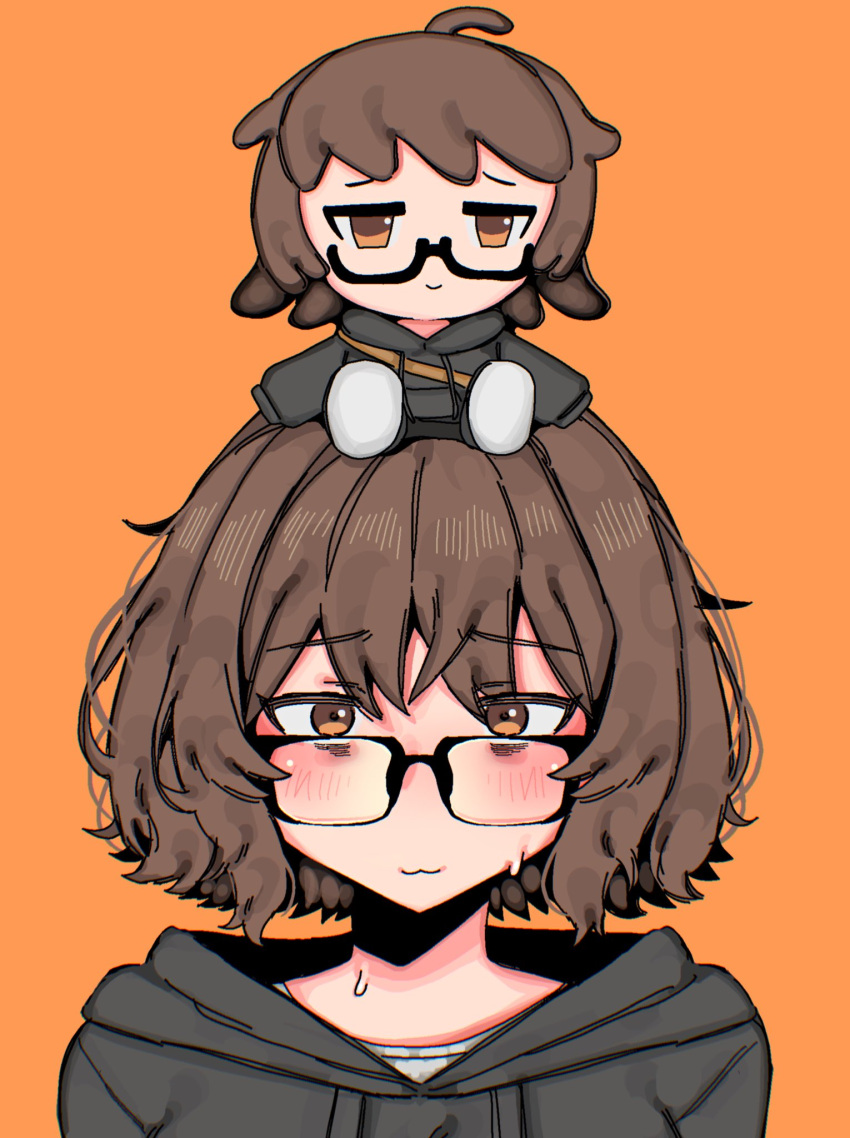 1girl aki_(snale) black-framed_eyewear black_hoodie blush brown_eyes brown_hair closed_mouth glasses highres hood hoodie looking_at_viewer orange_background original short_hair simple_background snale solo sweat upper_body