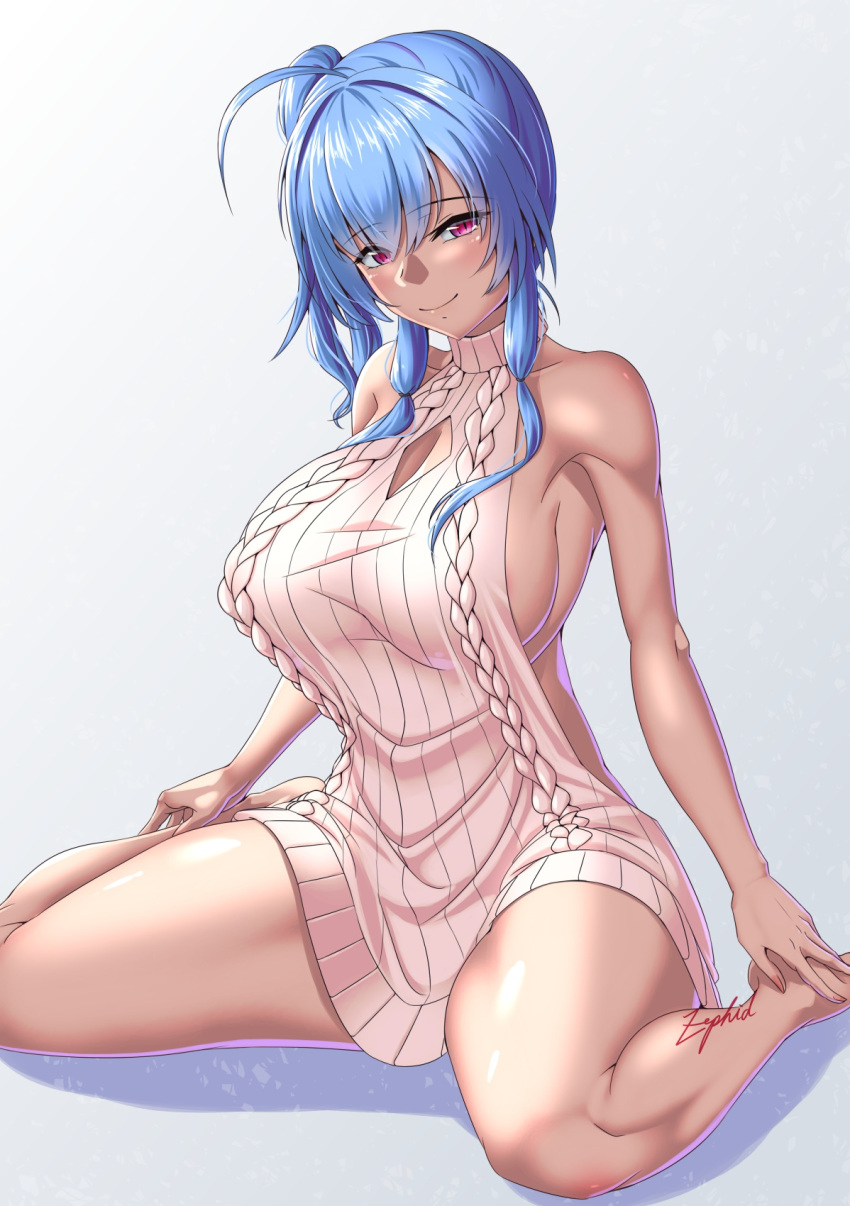 1girl ahoge azur_lane backless_dress backless_outfit bare_arms bare_legs bare_shoulders barefoot blue_hair breasts cable_knit cleavage cleavage_cutout clothing_cutout dress fingernails hair_between_eyes hands_on_feet highres large_breasts long_hair looking_at_viewer meme_attire ribbed_sweater side_ponytail sideboob signature simple_background sitting smile solo st._louis_(azur_lane) sweater sweater_dress thick_thighs thighs turtleneck turtleneck_sweater virgin_killer_sweater wariza white_background white_sweater zephid