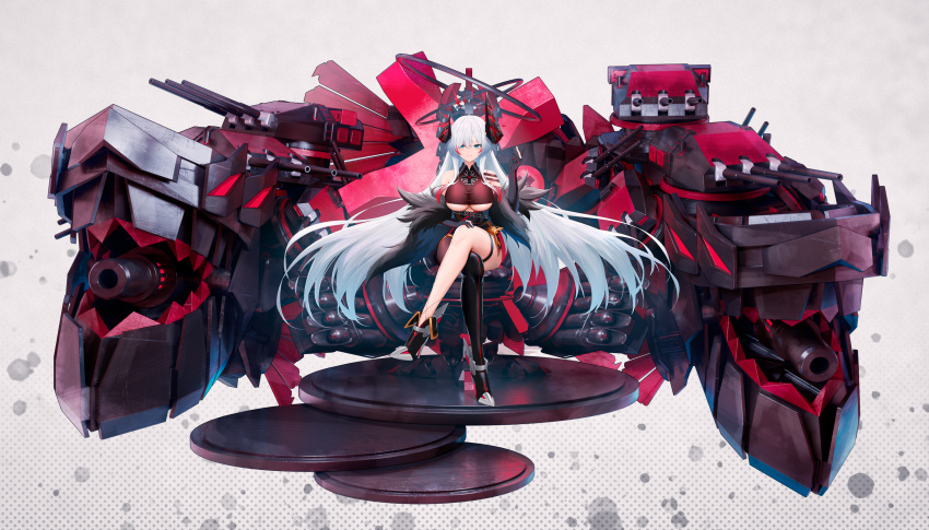 1girl absurdres azur_lane bare_shoulders black_thighhighs blue_eyes brandenburg_(battleship) breasts cannon clothing_cutout colored_tips crop_top cross crossed_legs elbow_gloves feather_boa gloves grey_hair halo hand_on_leg highres holo_ccz horns iron_cross large_breasts legs long_hair mechanical_horns mismatched_horns multicolored_hair original pantyhose personification rigging simple_background single_leg_pantyhose single_thighhigh sitting solo thighhighs thighhighs_over_pantyhose underboob underboob_cutout very_long_hair white_background world_of_warships