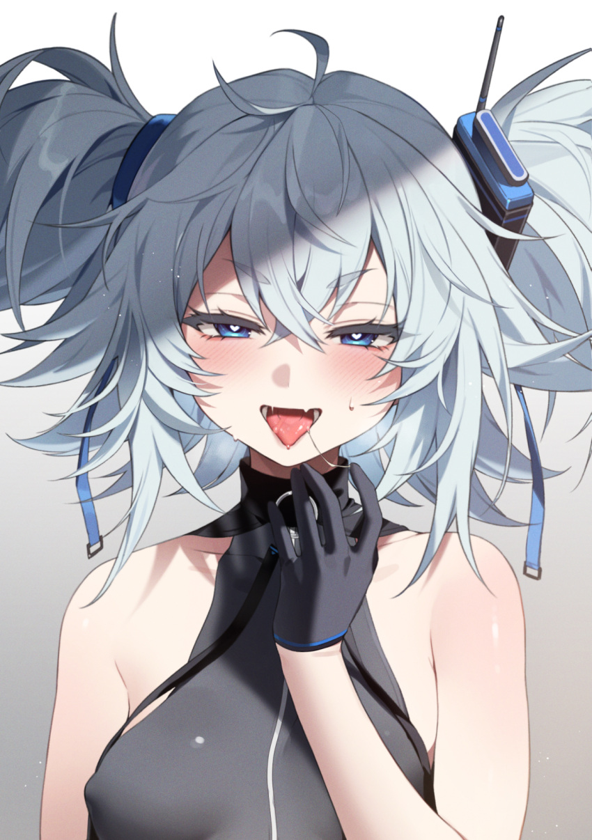 1girl ahoge arms_up bare_shoulders bechu blue_hair covered_nipples crossed_bangs girls'_frontline gloves hair_ornament half_gloves heart heart-shaped_pupils highres light_blue_hair messy_hair open_mouth pa-15_(girls'_frontline) paid_reward_available revision saliva saliva_trail shirt sleeveless sleeveless_shirt solo symbol-shaped_pupils twintails upper_body
