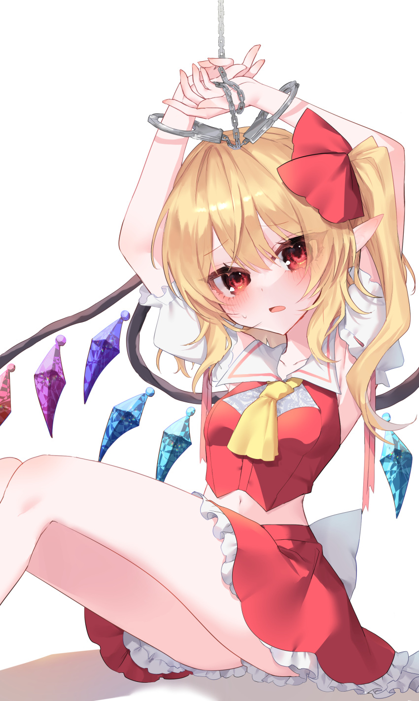 1girl absurdres adapted_costume armpits arms_up ascot ass back_bow bangs bdsm blonde_hair blush bondage bound bound_wrists bow breasts chain chained crystal cuffs detached_sleeves eyes_visible_through_hair feet_out_of_frame flandre_scarlet hair_between_eyes highres long_hair looking_at_viewer midriff navel no_headwear one_side_up open_mouth petticoat pointy_ears red_bow red_eyes red_skirt rori82li shackles short_sleeves simple_background sitting skirt small_breasts solo thighs touhou vest white_background white_bow wings yellow_ascot