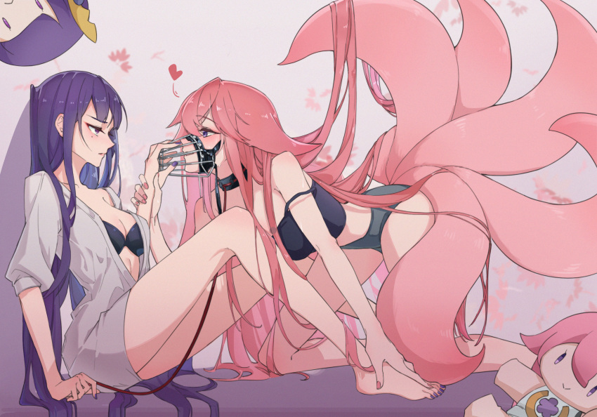 2girls animal_ears annoyed barefoot black_bra blush bra breasts cleavage closed_mouth collar crop_top fox_ears fox_girl fox_tail from_side full_body genshin_impact hair_between_eyes hand_on_another's_foot heart highres holding holding_another's_wrist holding_leash leash legs long_hair looking_at_another lusfseeds mole mole_under_eye multiple_girls multiple_tails muzzle nail_polish pink_hair pink_nails purple_eyes purple_hair purple_nails raiden_shogun short_shorts shorts sidelocks sitting sweatdrop tail toenails toes underwear v-shaped_eyebrows very_long_hair yae_miko yuri