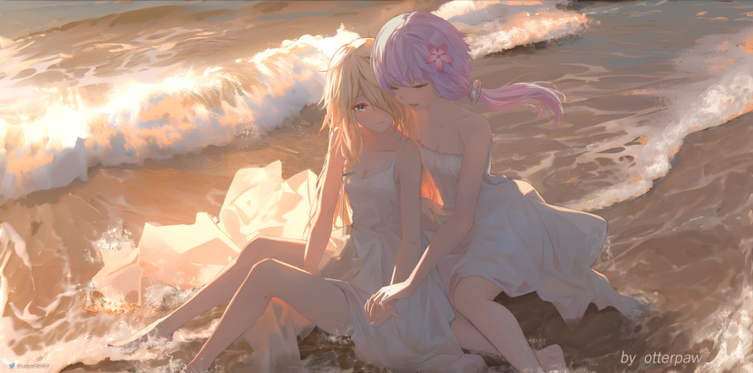 2girls alternate_costume arm_between_legs artist_name barefoot beach behind_another blonde_hair braid breasts cherry_blossoms cleavage closed_eyes closed_mouth collarbone commentary dress floating_hair flower foot_out_of_frame furrowed_brow grey_eyes hair_flower hair_ornament hair_over_one_eye ia_(vocaloid) imminent_hand_holding knees_up long_hair looking_at_another looking_to_the_side multiple_girls one_eye_covered open_mouth otter_paw_(otter696969) outdoors pink_flower purple_hair short_hair_with_long_locks sidelighting sidelocks sitting small_breasts smile spaghetti_strap strapless strapless_dress sundress twilight twitter_username vocaloid voiceroid waves white_dress yokozuwari yuri yuzuki_yukari