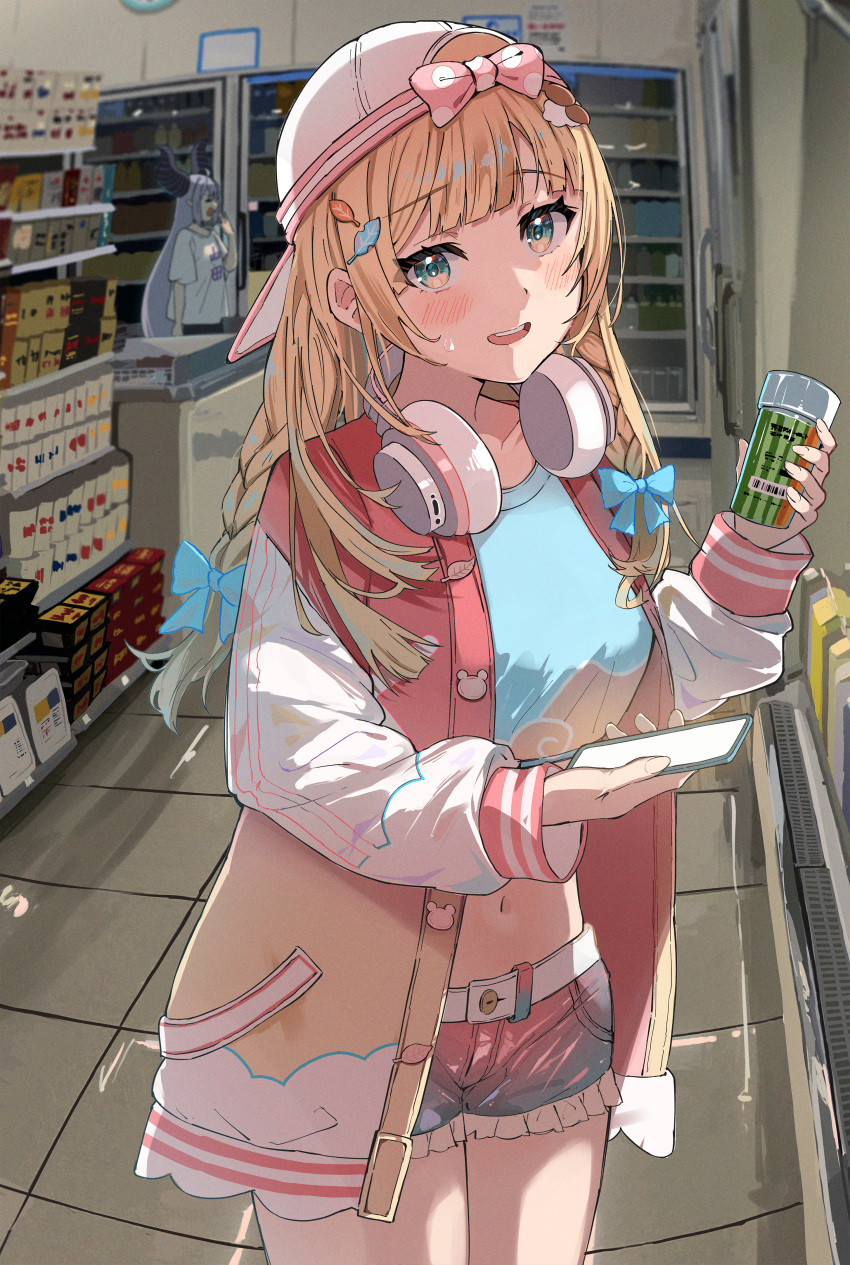 2girls absurdres backwards_hat baseball_cap blonde_hair blue_eyes braid cellphone convenience_store crop_top hair_ornament haru_yu hat headphones headphones_around_neck highres hololive jacket kazama_iroha la+_darknesss leaf_hair_ornament midriff multiple_girls navel phone pink_jacket shop shorts smartphone virtual_youtuber yawning