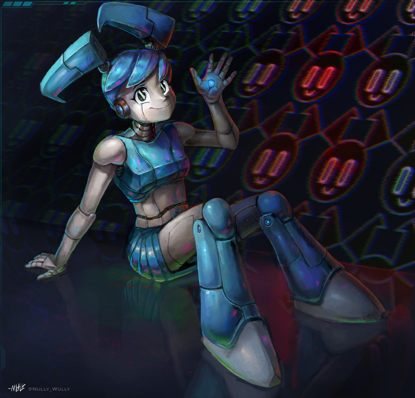 1girl absurdres android aqua_hair bolt colored_skin crop_top full_body highres jenny_wakeman joints metal_skin my_life_as_a_teenage_robot nullywully robot robot_girl robot_joints science_fiction shirt simple_background skirt smile solo twintails white_skin