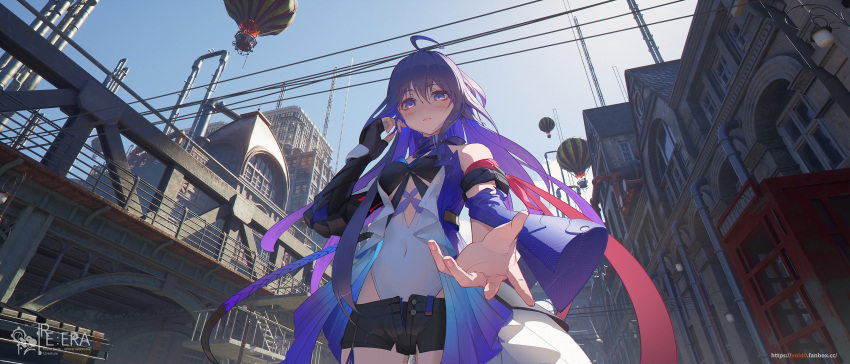 1girl absurdres ahoge aircraft black_gloves black_shorts blue_sky building city closed_mouth covered_navel day fingerless_gloves from_below gloves highres honkai:_star_rail honkai_(series) hot_air_balloon leotard long_hair looking_at_viewer outdoors outstretched_arm phone_booth power_lines purple_eyes purple_hair railing seele_(honkai:_star_rail) short_shorts shorts single_glove sky solo void_0