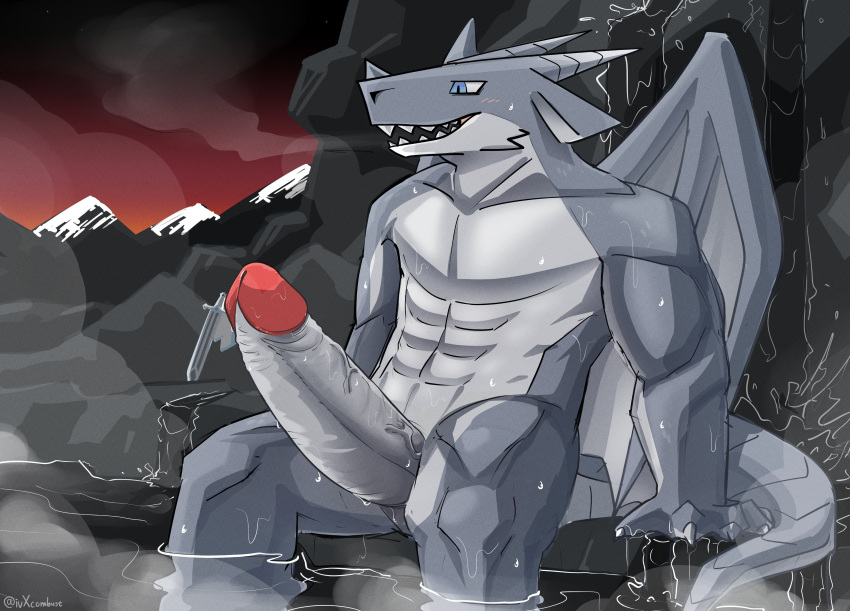 abs absurd_res anthro biped circumcised countershade_torso countershading dragon erection fangs genitals grey_body grey_scales hi_res horn hot_spring humanoid_genitalia humanoid_penis ivxair3p male muscular muscular_anthro nude open_mouth outside partially_submerged penis reptile scales scalie solo teeth vein veiny_penis water wings