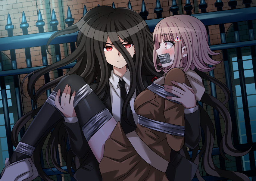 1boy 1girl absurdres arms_behind_back black_jacket black_necktie black_thighhighs blush bound bound_arms bound_legs brown_hair brown_jacket brown_skirt building carrying closed_mouth collared_shirt danganronpa_(series) danganronpa_3_(anime) fence flipped_hair from_side frown gag galaga hair_ornament highres hood hood_down hooded_jacket hope's_peak_academy_school_uniform improvised_gag jacket kamukura_izuru lewdkuma light_brown_hair long_hair long_sleeves looking_at_another looking_at_viewer medium_hair miniskirt nanami_chiaki necktie pink_footwear princess_carry red_eyes restrained school_uniform second-party_source shirt shoes skirt sweatdrop tape tape_gag thighhighs white_shirt