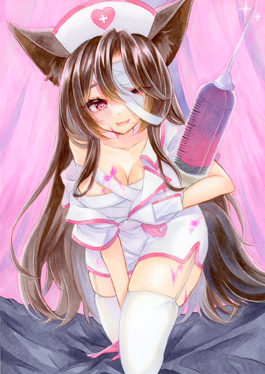 1girl animal_ear_fluff animal_ears breasts brown_hair cleavage commentary_request fangs garter_straps halloween_costume hat heart heart-shaped_pupils highres imaizumi_kagerou large_breasts long_hair looking_at_viewer natsume_nadeshiko nurse nurse_cap open_mouth pink_background red_eyes skin_fangs solo symbol-shaped_pupils syringe tail thighhighs touhou traditional_media white_thighhighs wolf_ears wolf_tail
