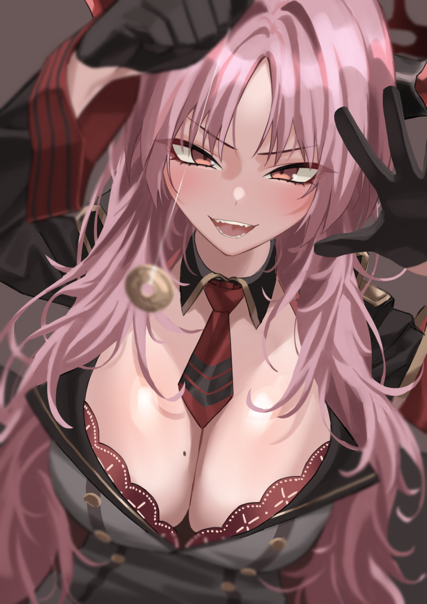 1girl armband blue_archive breasts cleavage coin coin_on_string commentary demon_horns halo happy highres horns kumamiya large_breasts long_hair looking_at_viewer mole necktie open_mouth pink_hair red_horns red_necktie satsuki_(blue_archive) simple_background smile