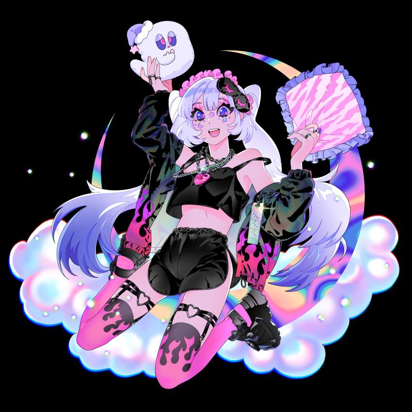 1girl :d absurdres black_background bloodypepper blue_hair camisole chain_necklace cloud crescent_moon crop_top dolphin_shorts flame_print garter_straps gradient_hair hairband heart heart_necklace heart_o-ring highres holding holding_pillow iridescent jacket jacket_partially_removed jewelry lolita_hairband long_hair moon multicolored_hair necklace original pillow purple_eyes ring shorts sitting sleep_mask smile solo sticker_on_face thighhighs twintails wariza white_hair