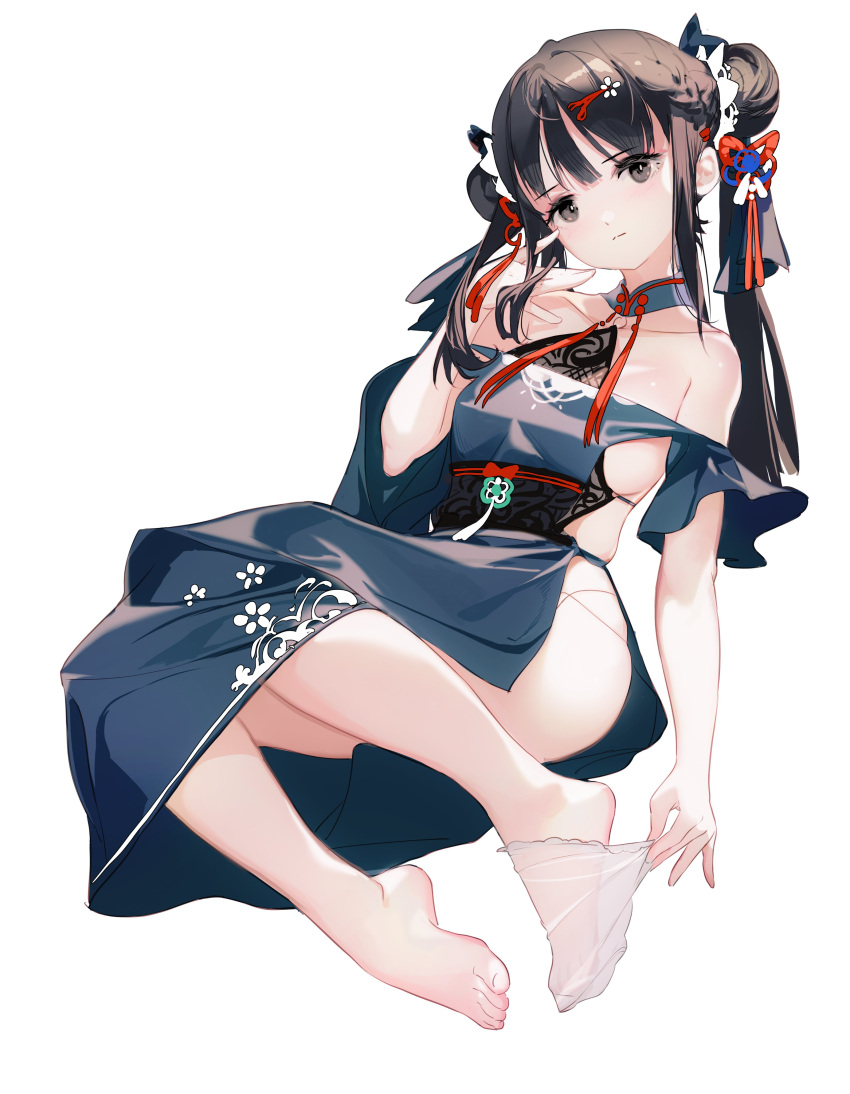 1girl absurdres barefoot blue_dress breasts brown_hair character_request closed_mouth collarbone commentary copyright_request double_bun dress eyelashes feet full_body grandia_lee grey_eyes hair_bun hair_ornament hand_up head_tilt highres knees_together_feet_apart legs long_hair looking_at_viewer medium_breasts no_shoes off-shoulder_dress off_shoulder see-through see-through_legwear shiny_skin sideless_outfit simple_background single_sock skindentation socks solo symbol-only_commentary tassel thighs toenails toes twintails white_background