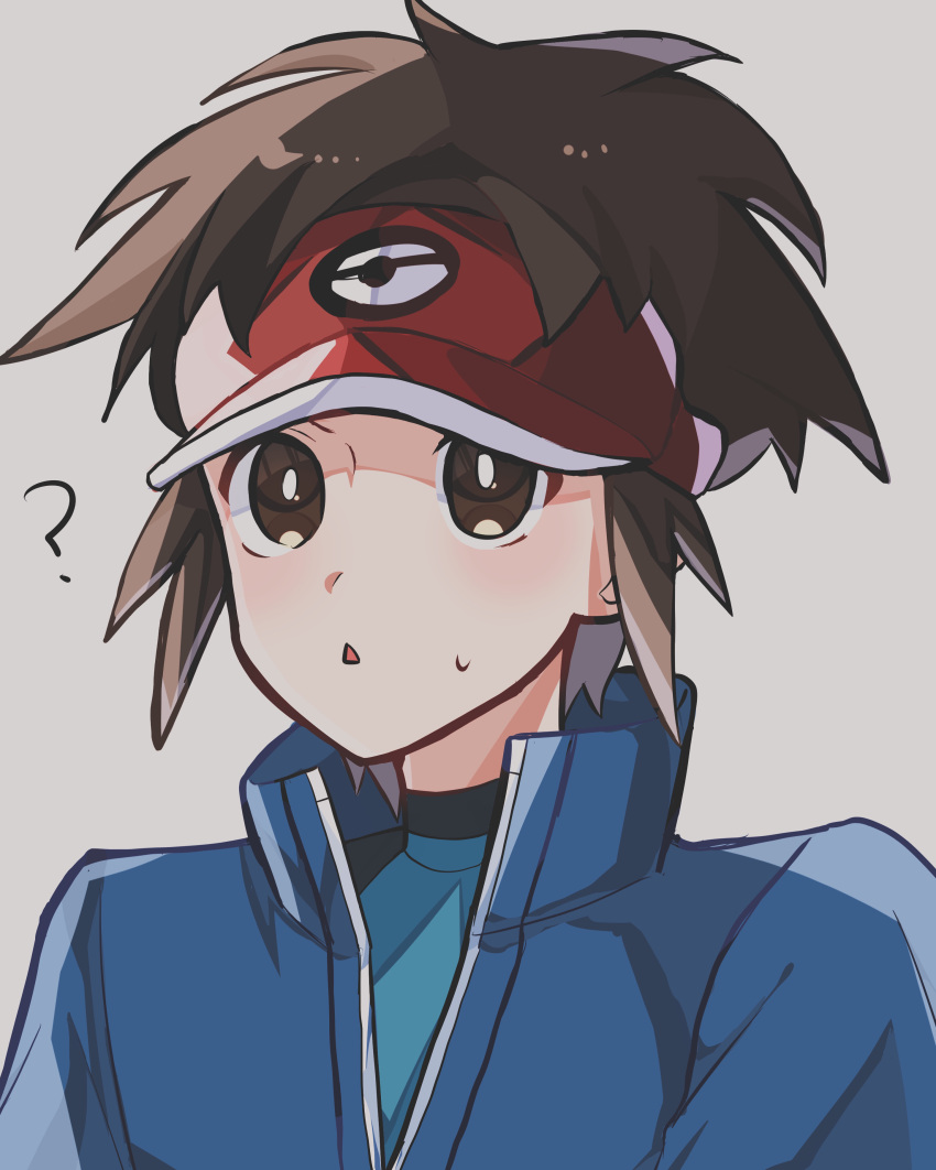 1boy :o ? absurdres blue_jacket bodysuit bodysuit_under_clothes bright_pupils brown_eyes brown_hair commentary_request confused high_collar highres jacket male_focus nate_(pokemon) parted_lips pokemon pokemon_(game) pokemon_bw2 red_headwear short_hair solo sweatdrop upper_body visor_cap white_pupils yuno_(kotogitune)