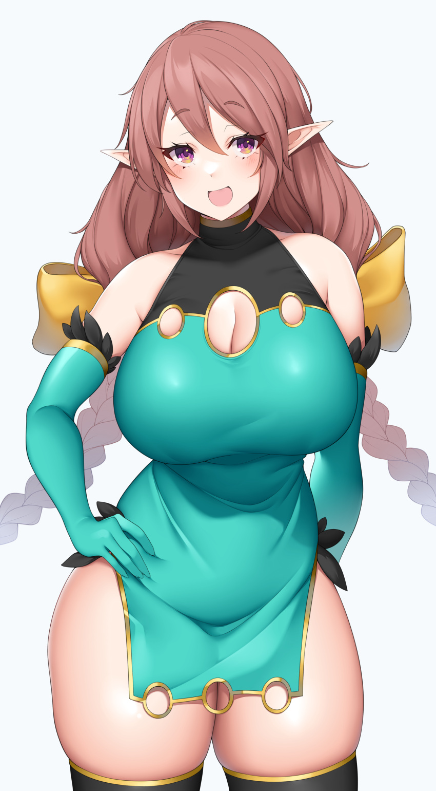 absurd_res big_breasts blush braided_hair breasts brown_hair cleavage clothed clothing elf female hair hand_on_hip hi_res humanoid legwear not_furry open_mouth open_smile smile solo suruga_(xsurugax) thigh_highs