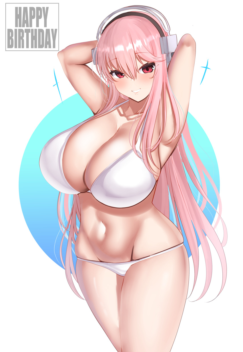 1girl bikini breasts cleavage collarbone curvy highres huge_breasts long_hair looking_at_viewer navel nitroplus pink_hair smile solo stomach super_sonico swimsuit tf_cafe white_background white_bikini