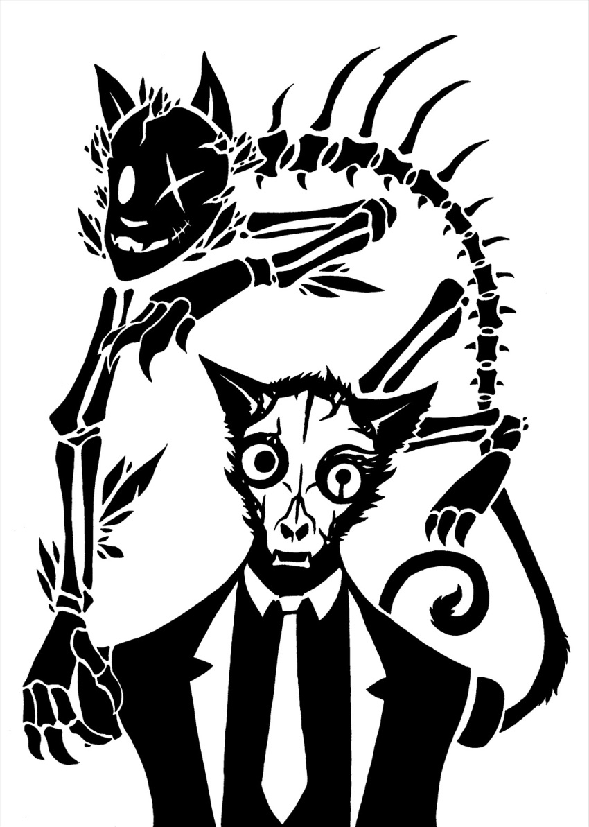 2014 3_claws 3_toes 4_claws 4_fingers animated_skeleton anthro black_and_white black_tie_(suit) bone broken_bone claws clothed clothed_anthro clothed_male clothing digital_drawing_(artwork) digital_media_(artwork) domestic_cat duo fangs feet felid feline felis feral finger_claws fingers fur hi_res male mammal monochrome necktie prick_ears pupils restricted_palette rib_cage scp-2999-b scp_foundation sewn_mouth simple_background skeleton skull skull_head slit_pupils spines suit sunnyclockwork teeth toe_claws toes undead vertebrae white_background x_eye