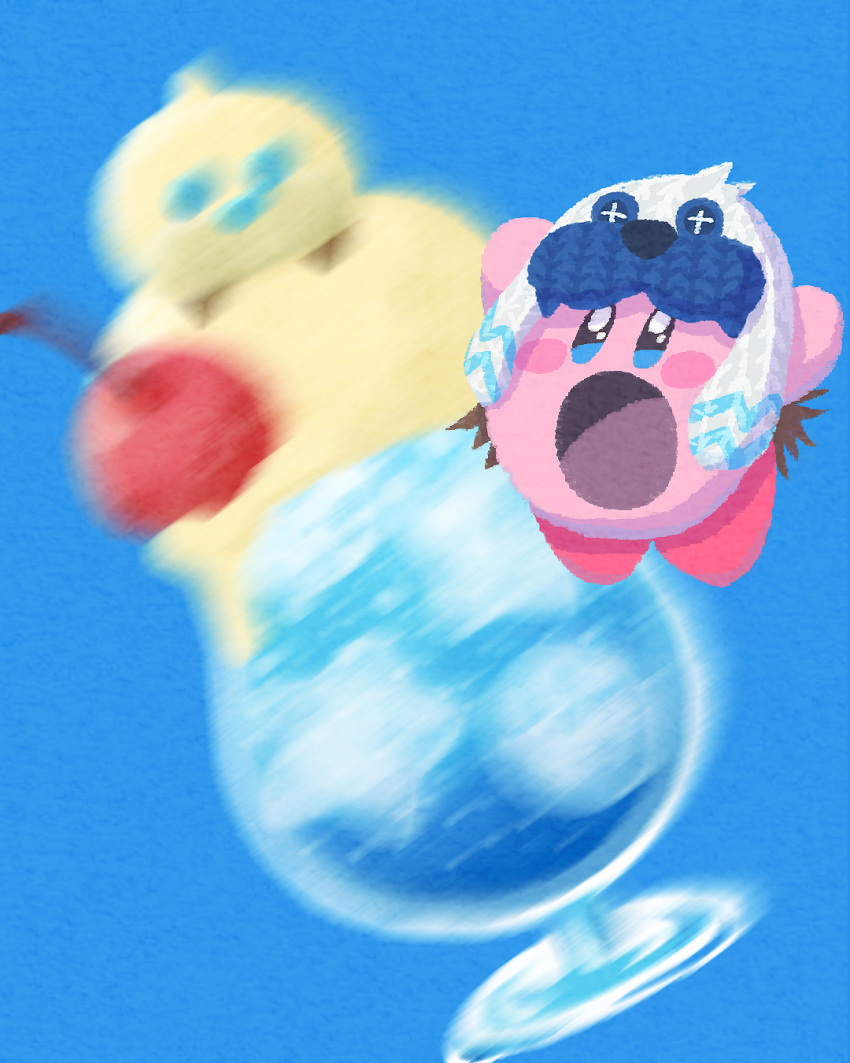 blue_background blue_eyes blush_stickers cherry commentary_request copy_ability drink food food_focus frosty_ice_kirby fruit highres ice ice_cream ice_cream_float ice_cube kirby kirby_(series) miclot mr._frosty no_humans open_mouth simple_background smile
