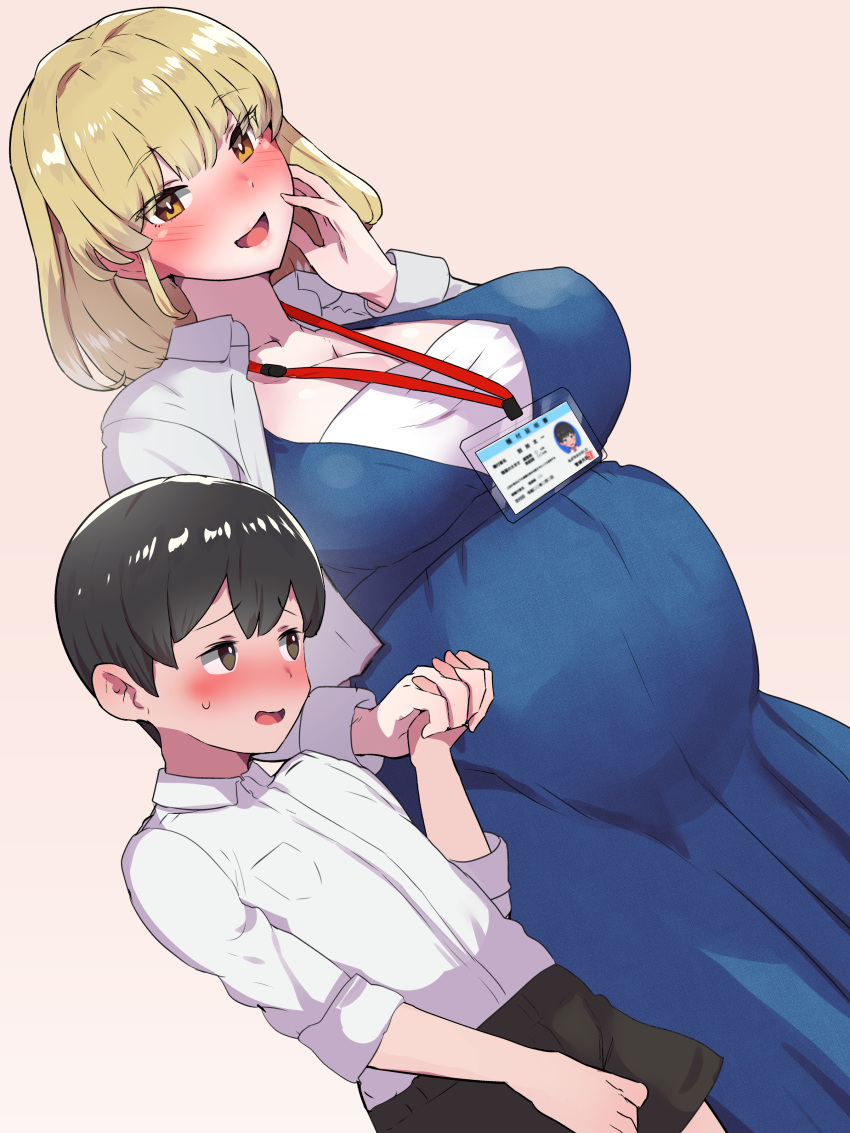 1boy 1girl :d absurdres age_difference black_hair black_shorts blonde_hair blue_dress blush boris_(noborhys) breast_pocket breasts cleavage collared_shirt commentary_request dress hand_up hetero highres holding_hands lanyard large_breasts mature_female medium_hair open_mouth original pocket pregnant raised_eyebrows shirt short_hair shorts smile sweatdrop white_shirt