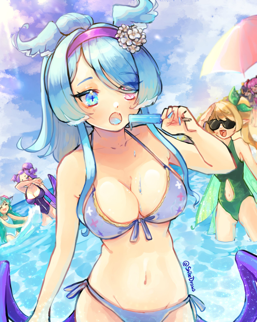 6+girls absurdres asymmetrical_arms bikini blonde_hair blue_bikini blue_hair blue_wings breasts casual_one-piece_swimsuit cleavage clothing_cutout day dragon_girl dragon_tail elira_pendora finana_ryugu fins fish_girl flower food green_hair green_one-piece_swimsuit green_ribbon hair_flower hair_ornament hair_over_one_eye hair_ribbon hair_up hairband halterneck head_fins head_wings heterochromia highres large_breasts lazulight long_hair medium_breasts multiple_girls navel_cutout nijisanji nijisanji_en obsydia_(nijisanji) one-piece_swimsuit one_eye_covered open_mouth outdoors parasol petra_gurin pink_eyes pointy_ears pomu_rainpuff ponytail popsicle purple_hair purple_hairband purple_one-piece_swimsuit ribbon rosemi_lovelock selen_tatsuki shibedraws side-tie_bikini_bottom sky small_breasts smile string_bikini swimsuit tail umbrella virtual_youtuber wading water white_one-piece_swimsuit wings