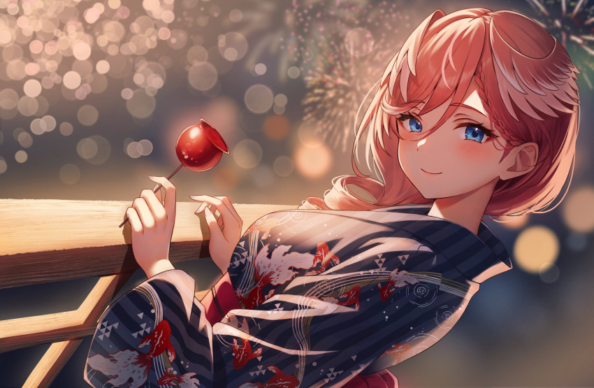 1girl absurdres aerial_fireworks blue_eyes blue_kimono blurry blurry_background blush breasts candy_apple closed_mouth commentary_request dutch_angle fireworks food hair_behind_ear hair_between_eyes head_wings highres holding holding_food holika_baby hololive japanese_clothes kimono large_breasts long_hair long_sleeves looking_at_viewer obi obijime pink_hair print_kimono red_sash sash smile solo striped striped_kimono takane_lui upper_body vertical-striped_kimono vertical_stripes virtual_youtuber wide_sleeves wings wooden_railing yukata