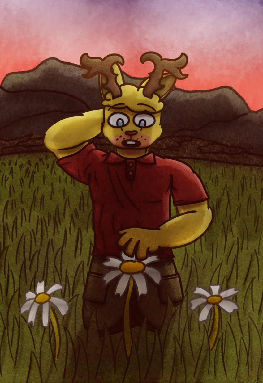 anthro antlers backlighting blonde_hair blue_eyes bottomwear brown_antlers cargo_pants cervine clothed clothing cloud deer field flower freckles fur grass green_bottomwear green_clothing green_pants hair hand_behind_head head_tuft hi_res horn jackalope kneeling lagomorph light lighting looking_down male mammal mountain mountainside muscular muscular_anthro muscular_male open_mouth orange_sky outside pants plant pockets polo_shirt poofy_hair purple_sky reaching red_clothing red_shirt red_topwear shirt solo sunset tan_muzzle teeth theroyaloscar topwear tuft white_flower yellow_body yellow_fur