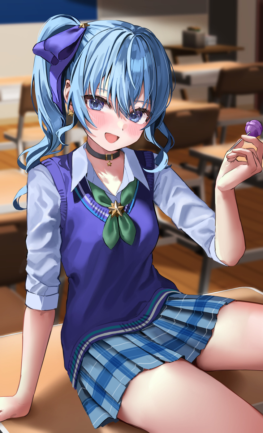 1girl absurdres alternate_costume arm_support black_choker blue_eyes blue_hair blue_ribbon blue_skirt blue_vest blush breasts candy choker classroom commentary commentary_request desk double-parted_bangs earrings food green_neckerchief hair_between_eyes hair_ribbon highres holding holding_candy holding_food holding_lollipop hololive hoshimachi_suisei indoors jewelry lollipop long_sleeves looking_at_viewer medium_hair miniskirt nagori_suyo neckerchief on_desk open_mouth plaid plaid_skirt pleated_skirt ribbon school school_desk shirt side_ponytail sitting sitting_on_desk skirt sleeves_rolled_up small_breasts smile solo star_(symbol) star_earrings star_in_eye symbol_in_eye vest virtual_youtuber white_shirt