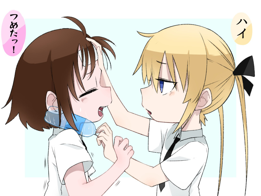 2girls blonde_hair blush bottle brown_hair fusuma_(suwaru_boom) hair_ribbon highres holding holding_bottle kill_me_baby long_hair multiple_girls necktie open_mouth oribe_yasuna purple_eyes ribbon school_uniform shirt short_hair sonya_(kill_me_baby) translation_request twintails water_bottle yuri