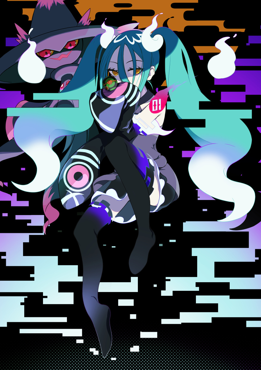 1girl absurdres black_skirt black_thighhighs commentary detached_sleeves dusk_ball eyelashes green_hair grey_shirt hair_between_eyes hand_up hatsune_miku highres long_hair long_sleeves mismagius orange_eyes poke_ball pokemon pokemon_(creature) project_voltage sakuya_93 shirt skirt sleeves_past_fingers sleeves_past_wrists thighhighs twintails vocaloid