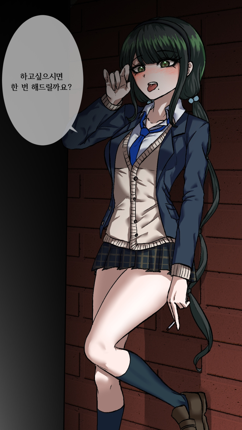 1girl black_socks blue_necktie brown_cardigan brown_footwear cardigan chabashira_tenko collarbone collared_shirt danganronpa_(series) danganronpa_v3:_killing_harmony green_eyes green_hair green_hairband green_skirt hairband highres kneehighs long_hair low_twintails miniskirt mole mole_under_mouth monja_(jyamong_0907) necktie official_alternate_costume oral_invitation plaid plaid_skirt shirt shoes skirt socks solo speech_bubble stone_wall teeth tongue tongue_out translation_request twintails upper_teeth_only wall white_shirt