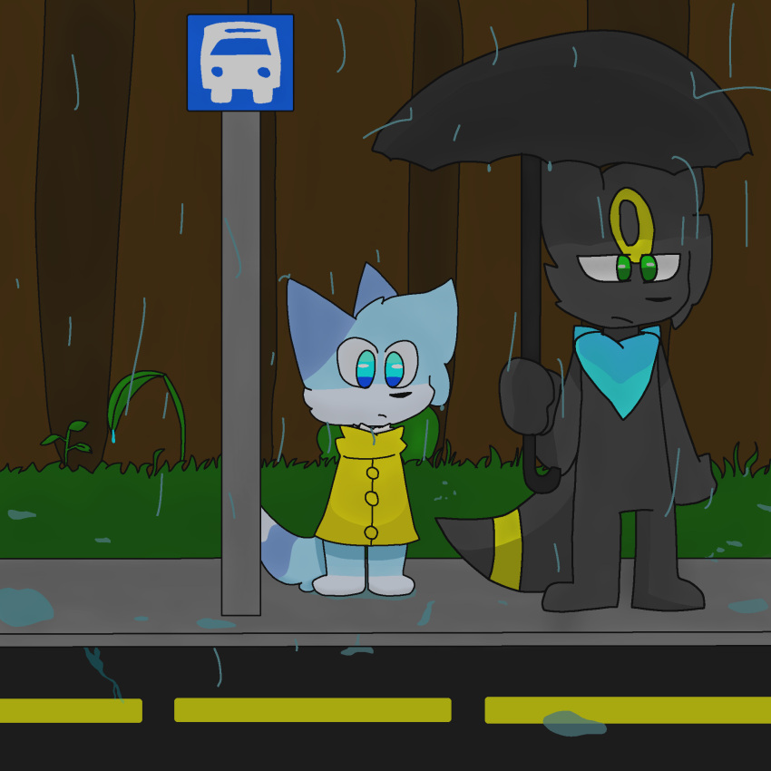 2023 anthro blue_eyes blue_scarf bus_stop_sign canid canine clothed clothing coat eeveelution feet feral forest forest_background fox fur generation_2_pokemon grass green_eyes hi_res mammal nature nature_background nintendo paws plant pokemon pokemon_(species) raindrop raining road scarf topwear tree umbrella umbreon unknown_artist yellow_clothing yellow_coat yellow_raincoat yellow_topwear
