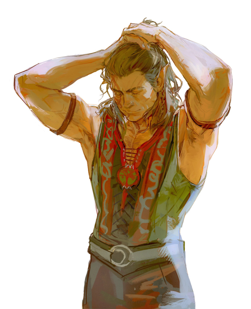 1boy absurdres alternate_muscle_size arm_up armpit_hair armpits baldur's_gate baldur's_gate_3 bara braid brown_hair chest_hair closed_eyes cowboy_shot creamyghost dark-skinned_male dark_skin dungeons_and_dragons elf halsin highres male_focus mature_male medium_hair pectoral_cleavage pectorals pointy_ears solo tattoo thick_eyebrows toned toned_male tying_hair