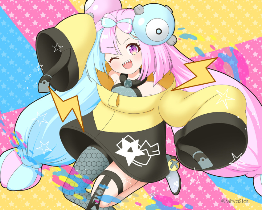 1girl ;d bare_shoulders blue_hair blush bow-shaped_hair character_hair_ornament commentary_request grey_footwear grey_shirt grey_thighhighs hair_ornament high_heels honeycomb_(pattern) iono_(pokemon) jacket lightning_bolt_symbol long_hair long_sleeves looking_at_viewer mitya multicolored_hair one_eye_closed pink_hair pokemon pokemon_(game) pokemon_sv purple_eyes sharp_teeth shirt shoes single_thighhigh sleeves_past_fingers sleeves_past_wrists smile solo starry_background teeth thighhighs twitter_username two-tone_hair very_long_hair yellow_jacket