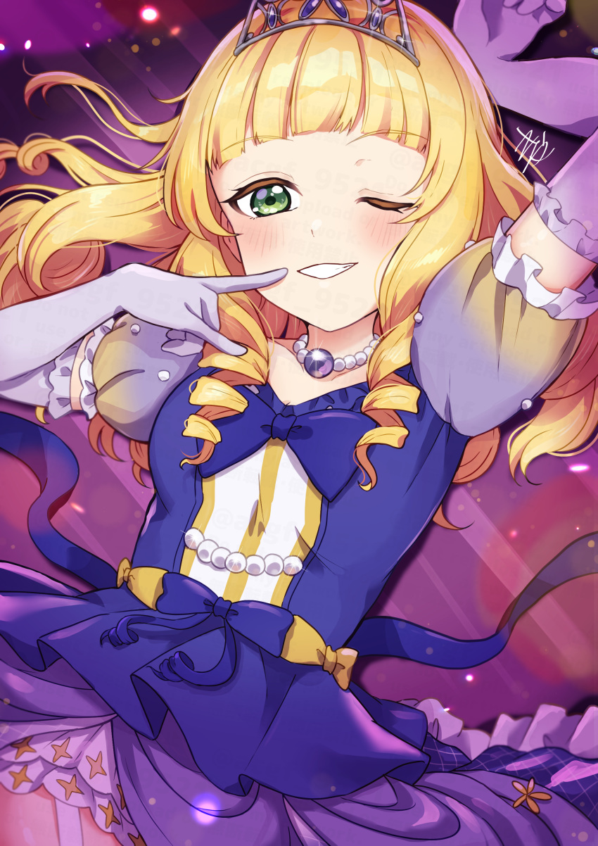 1girl absurdres birthday blonde_hair blush breasts cleavage commentary dress drill_hair elbow_gloves gloves green_eyes grin heanna_sumire highres jewelry kyaku_tatsu long_hair looking_at_viewer love_live! love_live!_superstar!! necklace nonfiction!!_(love_live!) one_eye_closed purple_dress signature small_breasts smile solo tiara upper_body