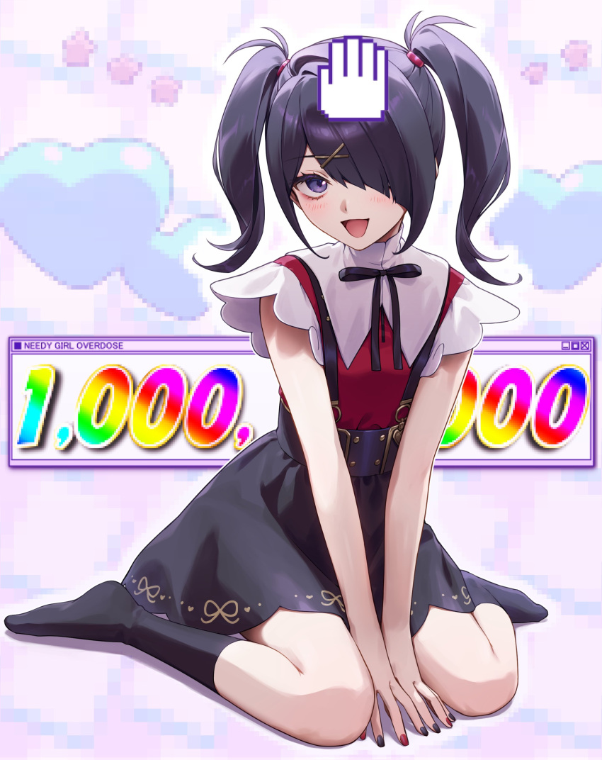 1girl :d absurdres akabino ame-chan_(needy_girl_overdose) between_legs black_hair black_nails black_ribbon black_skirt black_socks blush collar collared_shirt commentary_request copyright_name cursor full_body hair_ornament hair_over_one_eye hair_tie hairclip hand_between_legs headpat heart highres looking_at_viewer multicolored_nails neck_ribbon needy_girl_overdose open_mouth pink_background pixelated purple_eyes red_nails red_shirt ribbon shirt shirt_tucked_in sitting skirt smile socks solo star_(symbol) suspender_skirt suspenders twintails wariza white_collar window_(computing) x_hair_ornament