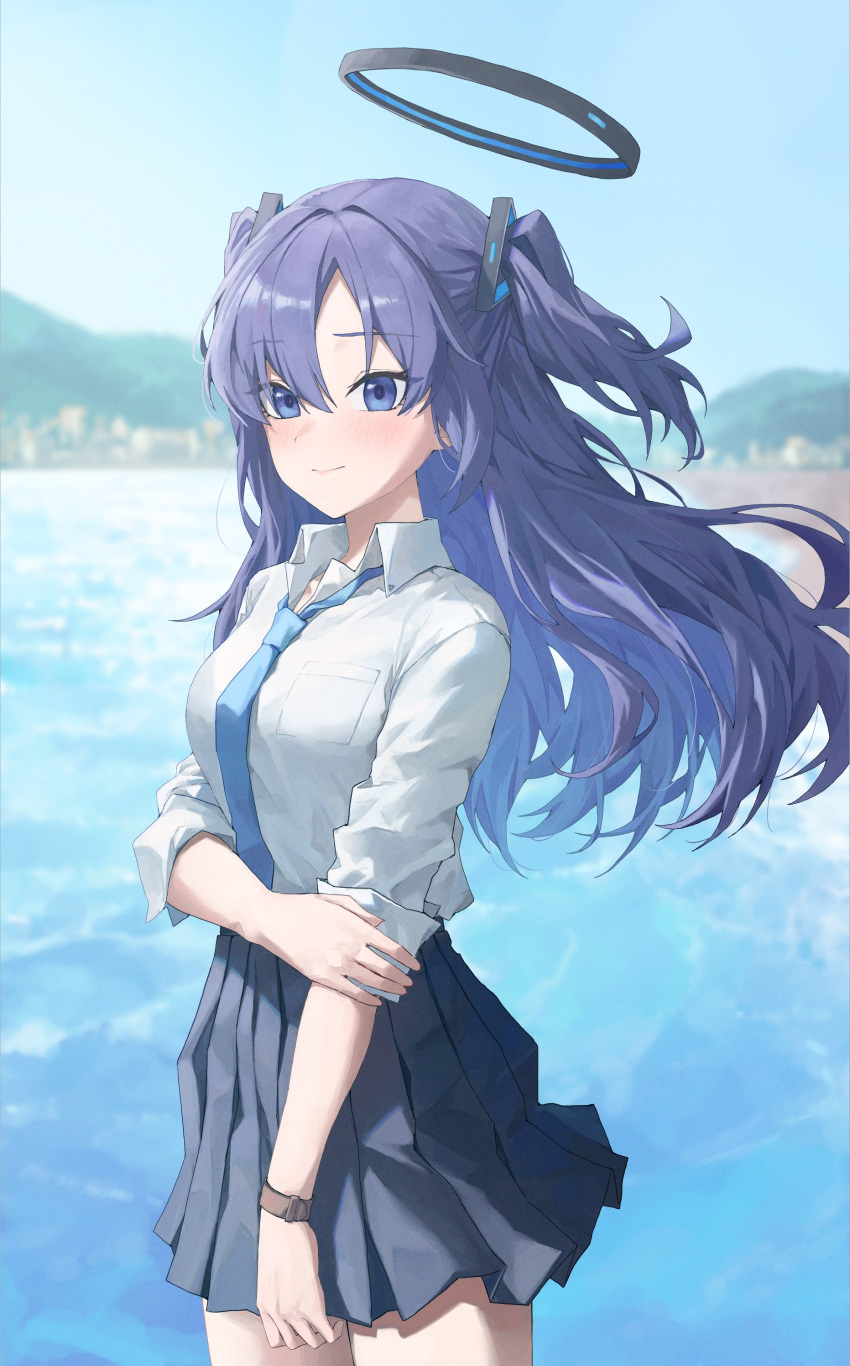 1girl absurdres black_skirt blue_archive blue_necktie blurry blurry_background blush breasts halo highres looking_at_viewer medium_breasts necktie outdoors pleated_skirt purple_eyes purple_hair shirt skirt smile solo tai_saka two_side_up watch white_shirt wristwatch yuuka_(blue_archive)