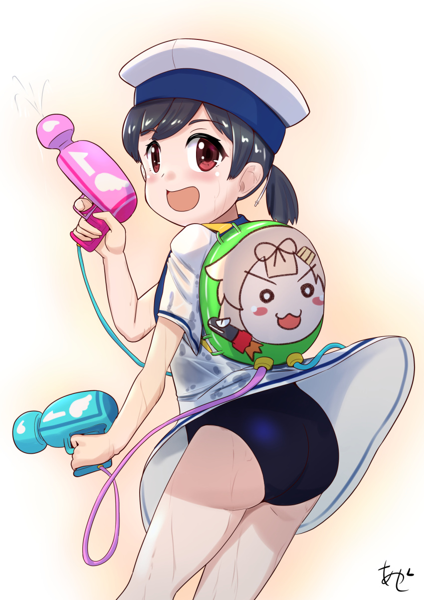 1girl akashieru ass backpack bag black_hair blue_one-piece_swimsuit blue_sailor_collar brown_eyes dress hat hiburi_(kancolle) highres kantai_collection low_ponytail one-piece_swimsuit open_mouth sailor_collar sailor_dress sailor_hat school_swimsuit short_hair short_ponytail short_sleeves solo swimsuit swimsuit_under_clothes water_gun wet wet_clothes wet_dress white_background white_dress white_headwear yuudachi_(kancolle) yuudachi_kai_ni_(kancolle)