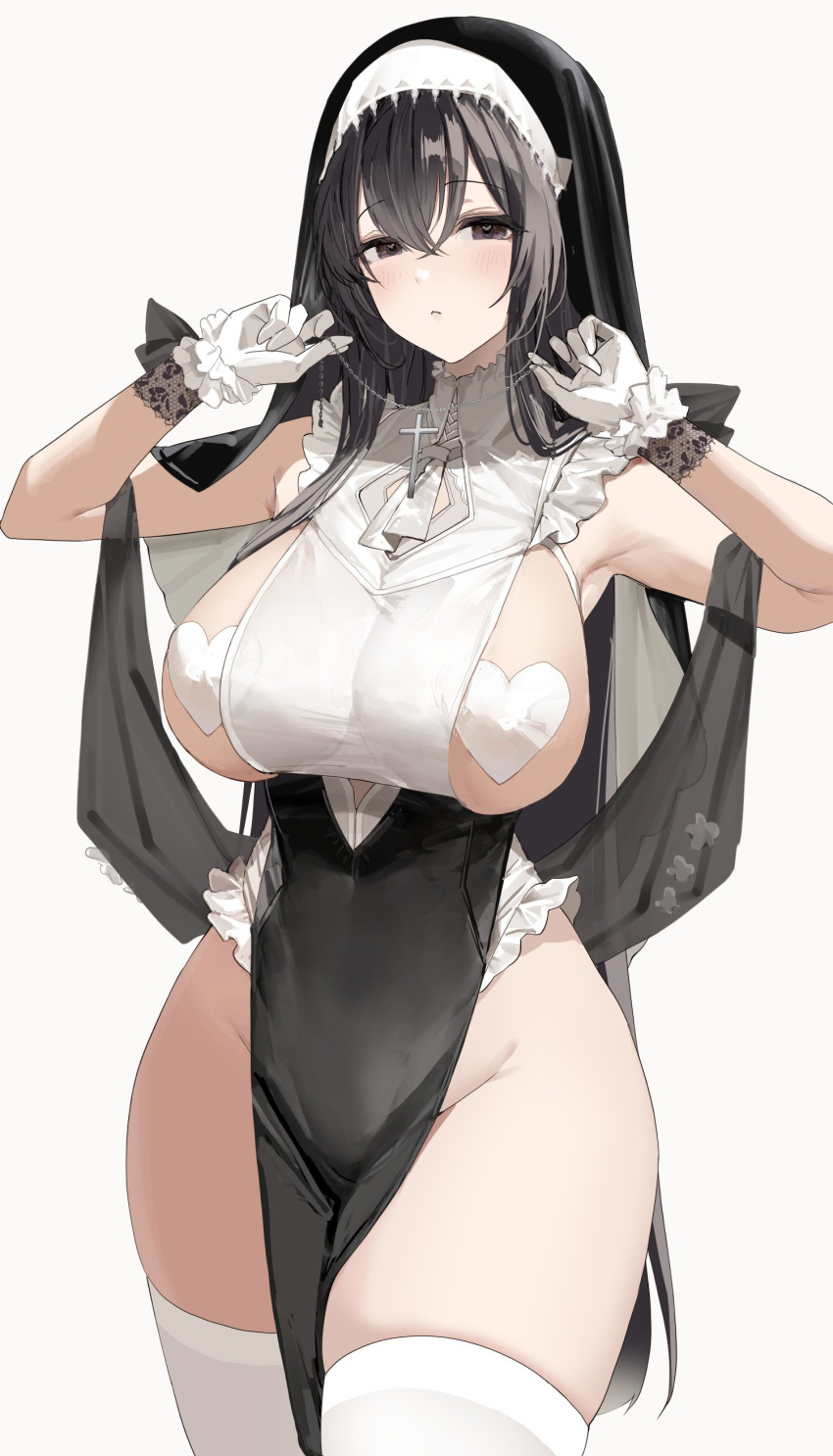 1girl absurdres bare_shoulders black_dress black_eyes black_hair blush breasts cross cross_necklace dress frills gloves habit heart_pasties highres hougu_souji jewelry large_breasts long_hair looking_at_viewer necklace original pasties pelvic_curtain sideboob solo thighhighs thighs white_gloves white_thighhighs