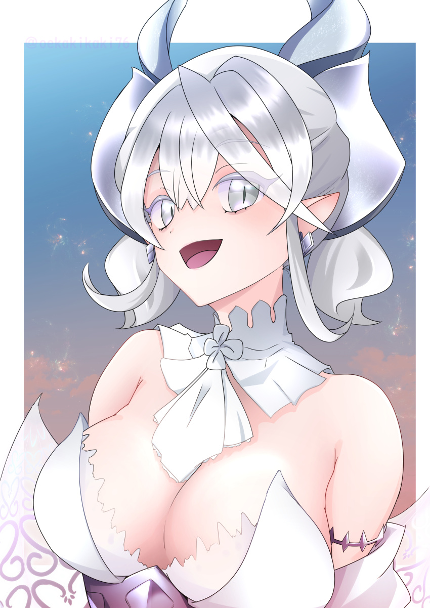 1girl absurdres breasts cleavage demon_girl demon_horns demon_wings doraemon-tv-asahi dress duel_monster earrings grey_eyes highres horns jewelry large_breasts looking_at_viewer lovely_labrynth_of_the_silver_castle open_mouth pointy_ears solo transparent_wings white_dress white_hair white_horns wings yu-gi-oh! yu-gi-oh!_master_duel