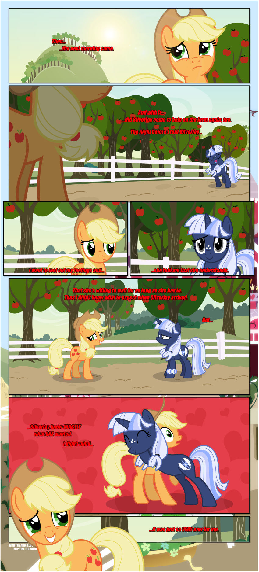 &lt;3 absurd_res apple apple_tree applejack_(mlp) bangs black_border border character_narrating clothing cowboy_hat cutie_mark dialogue duo earth_pony embrace equid equine estories eyes_closed female fence feral food freckles freckles_on_face friendship_is_magic frown fruit fruit_tree hasbro hat headgear headwear hi_res horn horse hug mammal my_little_pony narrowed_eyes nervous nervous_smile open_mouth outside plant pony shrub silverlay_(estories) smile smitten sun sweet_apple_acres tree unicorn unsure white_fence yawn